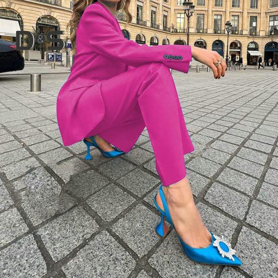 2 buc/set femei haină pantaloni costum culoare solidă rever formal stil de afaceri cu mânecă lungă cu un singur buton picior lat drept navetă birou haină damă pantaloni