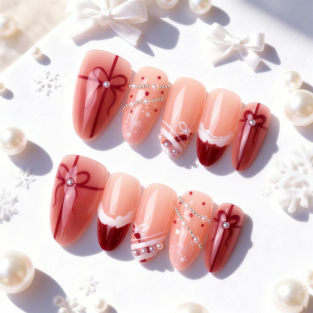 30 Pieces of Almond Three-dimensional Wearable Nail Painted Blush Bow French Dot Diamond Pearl Manicure