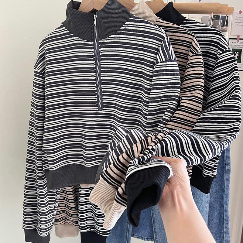 Women's Striped Half-Zip Cropped Hoodie - 2023 Autumn/Winter Long-Sleeve Loose Casual Top