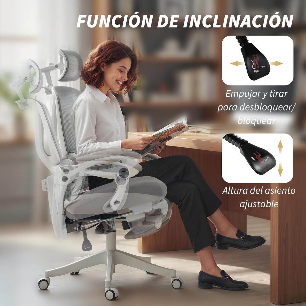 Reclining Mesh Desk Chair with Headrest, Lumbar Support, Footrest and Adjustable Height, Light Gray