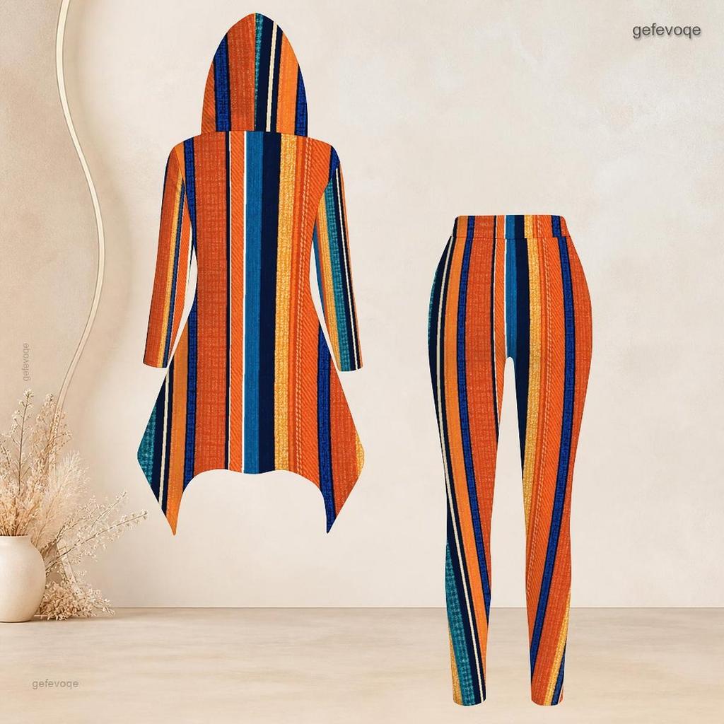 Women Plus Size Printed Hooded Long Sleeve High Low Top And Fitted Pants Two Piece Set