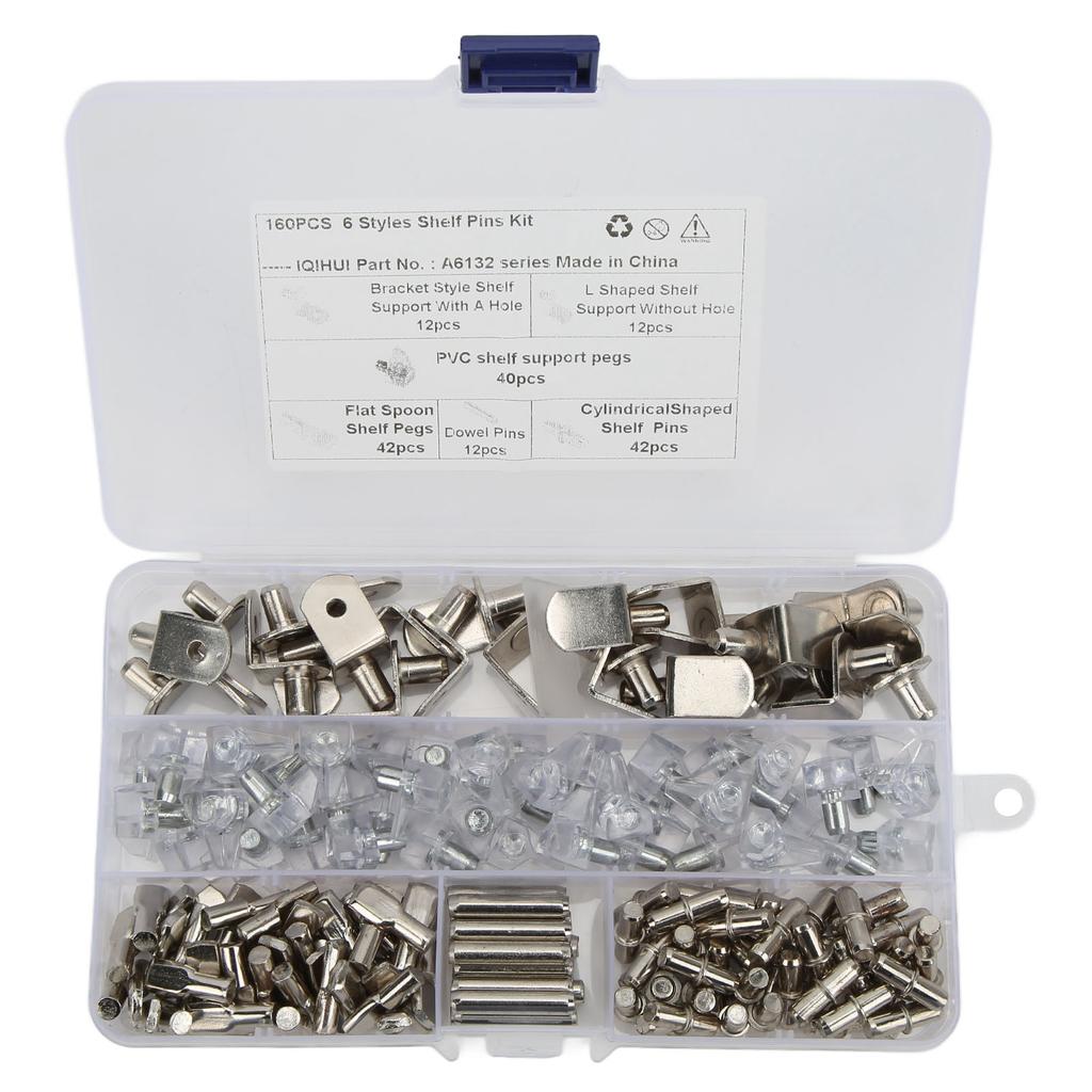 160pcs 6 Styles RV Shelf Pins Kit Nickel Shelf Support Pegs Cylindrical Pins Holder L Shaped Bracket