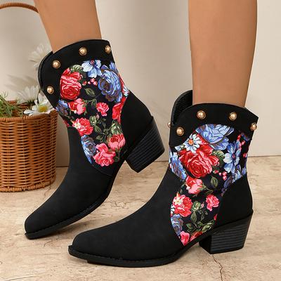 Mode Mode Blumenmuster Klobige Absätze Stiefeletten für Damen 2024 Neu Perlendekor Spitzschuh Westernstiefel Damen High Heels Schuhe