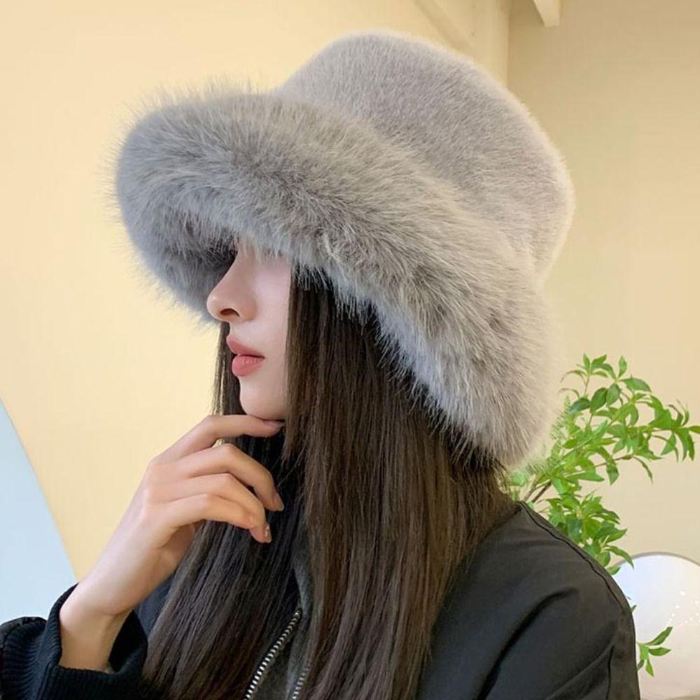 Harajuku Fluffy Fur Fisherman Hat Imitation Fur Luxury Plush Hat Retro Winter Fluffy Hat  Outdoor