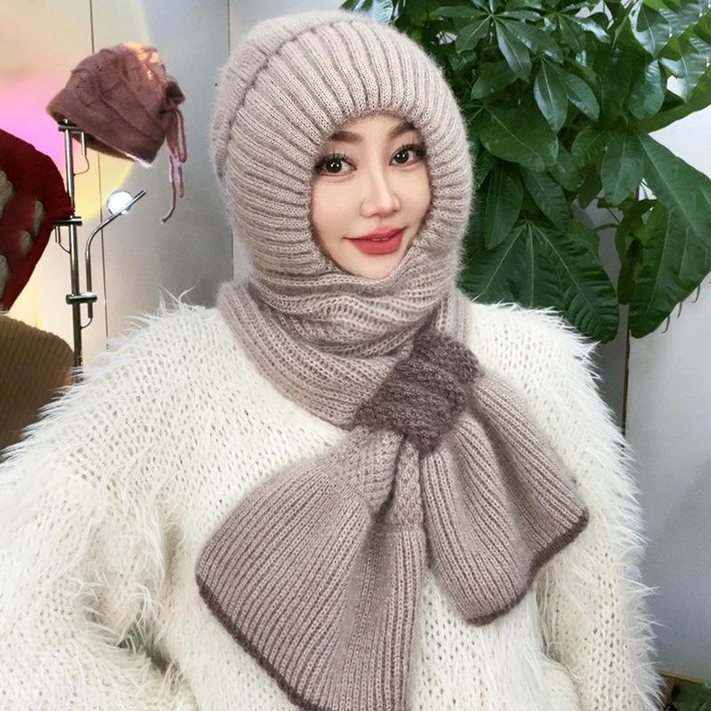 Hat Women's Autumn and Winter New Thickened Plus Plush Woolen Hat Scarf Integrated Bow Style Warm Men's and Women's Hat