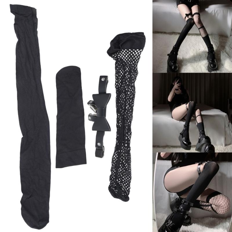 Irregular Mesh Thigh High Long Socks Punk Fishnet Stockings with Bowknot Garter Leg Strap for Women Lingerie Hosiery