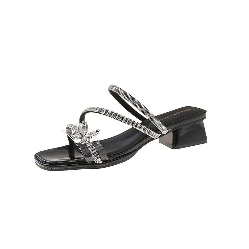 

With skirt French high heel square head cool slippers women s 2025 summer new thick heel bow thin belt cool slippers women 40 чорний