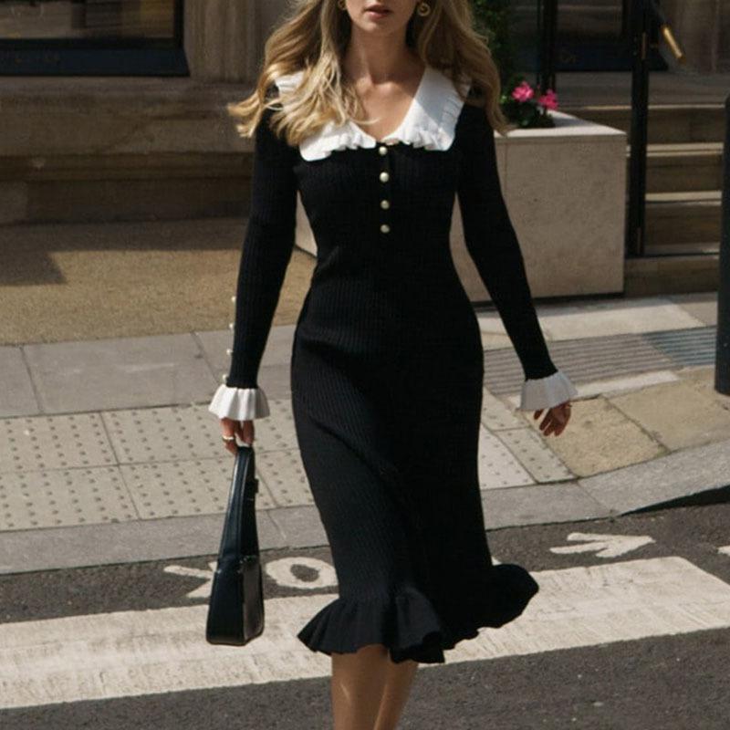 High Waist Ruffled Maxi Dresses Women Autumn Winter Knitted Slim Sweater Dress Female Fashion Retro Clothes