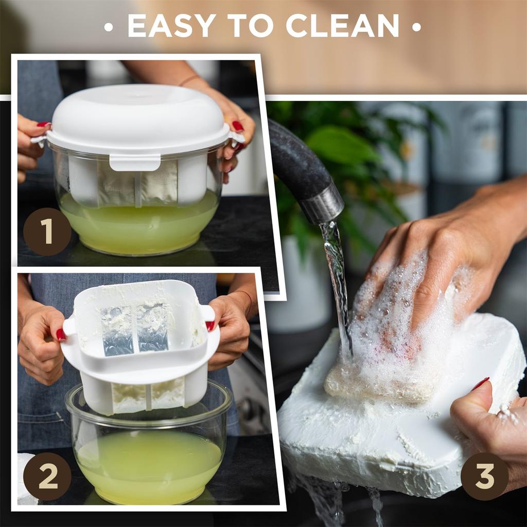 Yogurtera con colador de malla fina, placa de presión extraíble, usada como recipiente de almacenamiento con tapa–colador de yogur