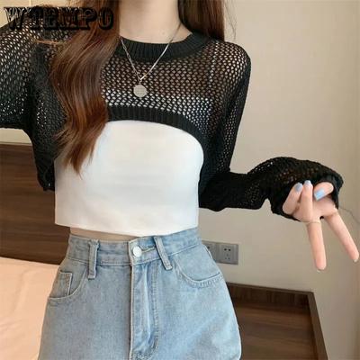 Hollow Thin Long-sleeved Shirt Women's Summer and Autumn Round Neck Short Knitted Blouse