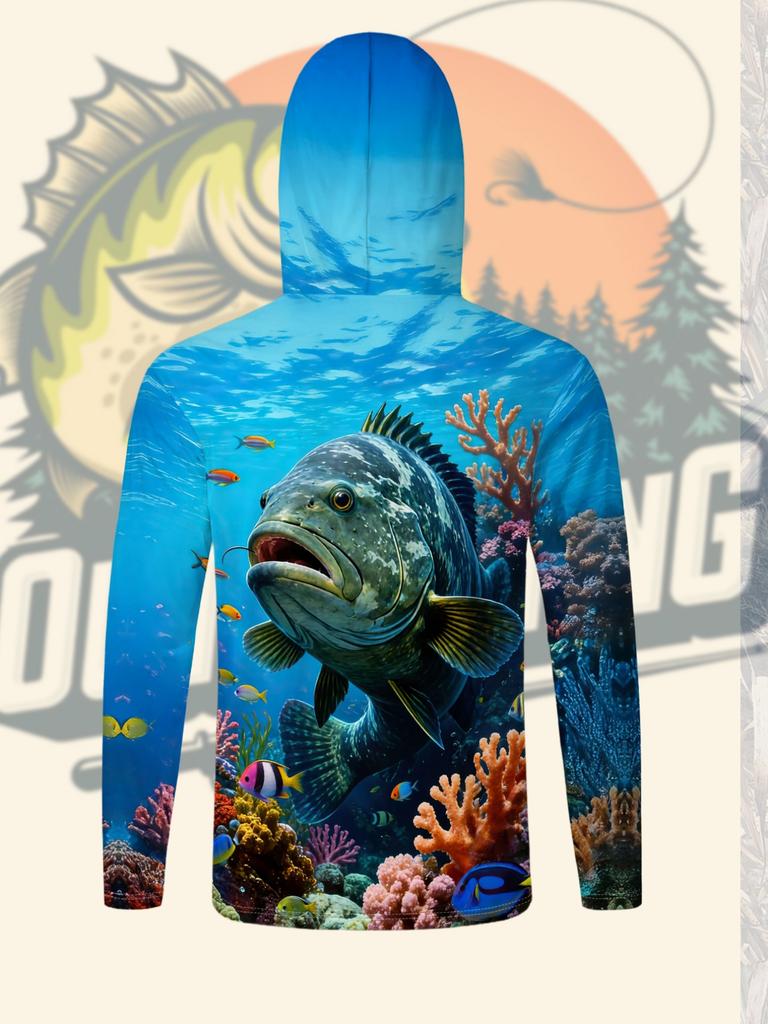 Men'S Outdoor Fishing Hooded Balaclava Long Sleeve Quick-Dry Shirt Deep Sea Grouper Coral Reef Print Breathable Fishing Clothing