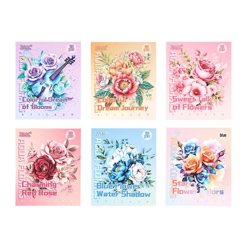 ZABC Watercolor Flower Rhyme Series Oil Stickers - 15 Sheets, 6 Styles, Large Size, Cross-Border.
