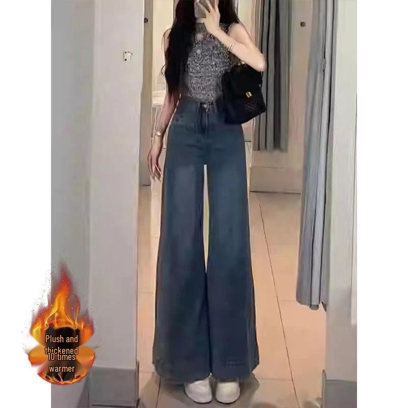 

Women s Retro High-Waisted Wide-Leg Blue Jeans, Loose and Slimming, Korean-Style with Floor-Length, Straight-Leg Design. L