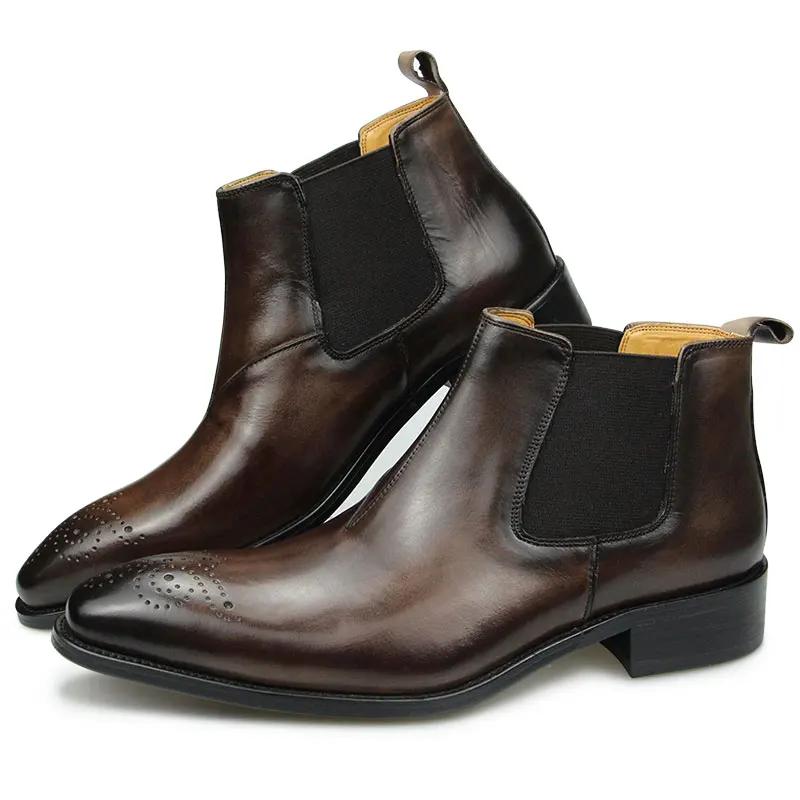 

Chelsea Ankle Boots for Men Genuine Leather Fashion Brogure Elegant Dress Slip-On ROME Winter/Spring Business Black Coffee Shoes 46 кавовий