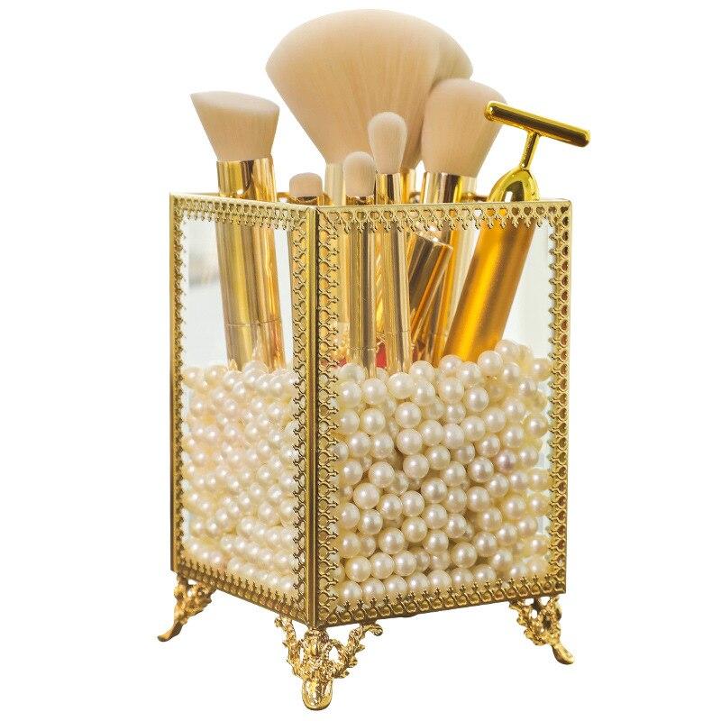 Golden Glass Makeup Brush Organizer Makeup Box Cosmetic Makeup Tools Makeup Box Makeup Organizer Display Holder | Cases and Storage Containers