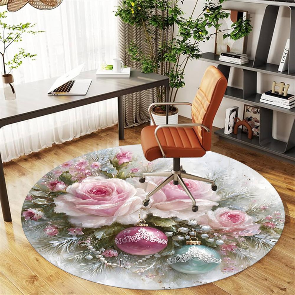 1pc Floral Christmas Ornaments Round Chair mat Area Rug - Non-Slip, Floor Mat for Office, Bedroom, and Indoor Decor -1002256