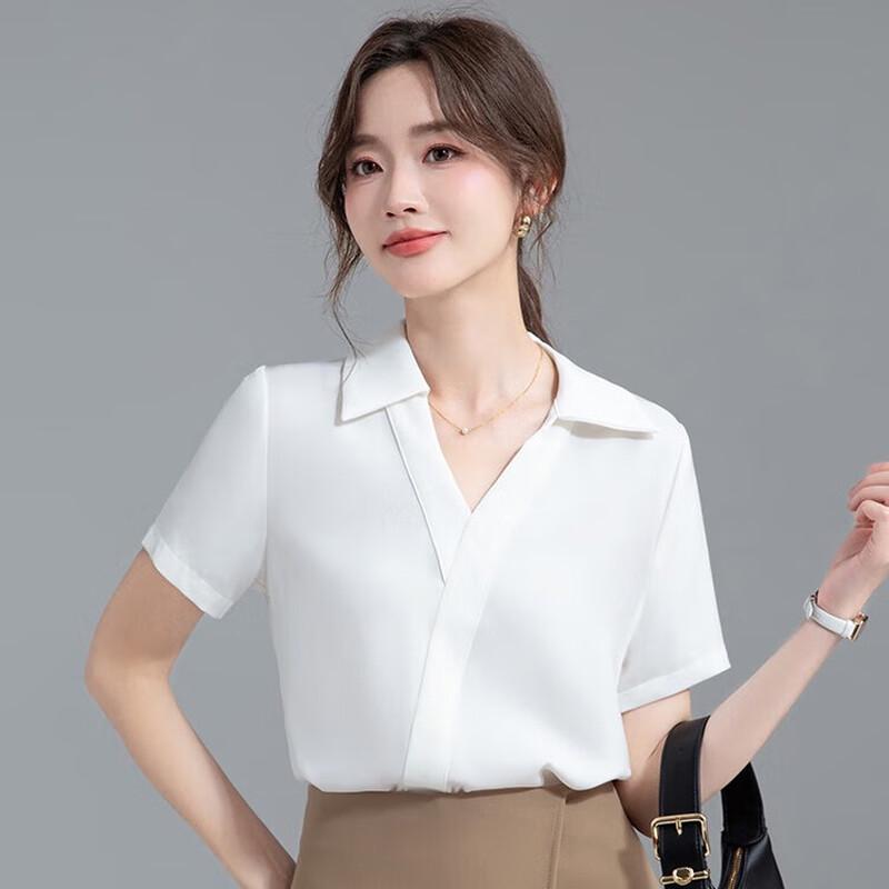 HANMANKE Women s V-Neck Short Sleeve Chiffon Blouse S