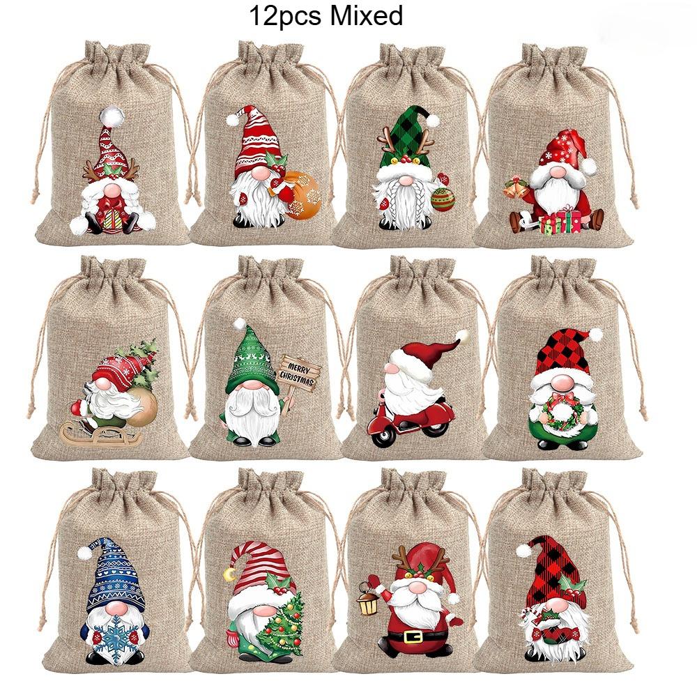 

12 шт. Рождественские подарочные мешочки-гномы - Маленькие и средние льняные мешочки на шнурке, Прочные праздничные подарочные мешочки для рождественской подарочной коробки size
