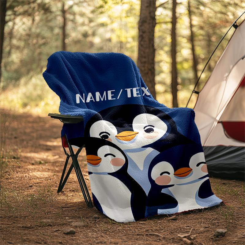 1PC Custom Name Penguin Family Portrait outdooor Flannel blankets Throw Blanket All-Season Throw Gift Bedspread for Couch, Bed, Camping Holiday Birthd