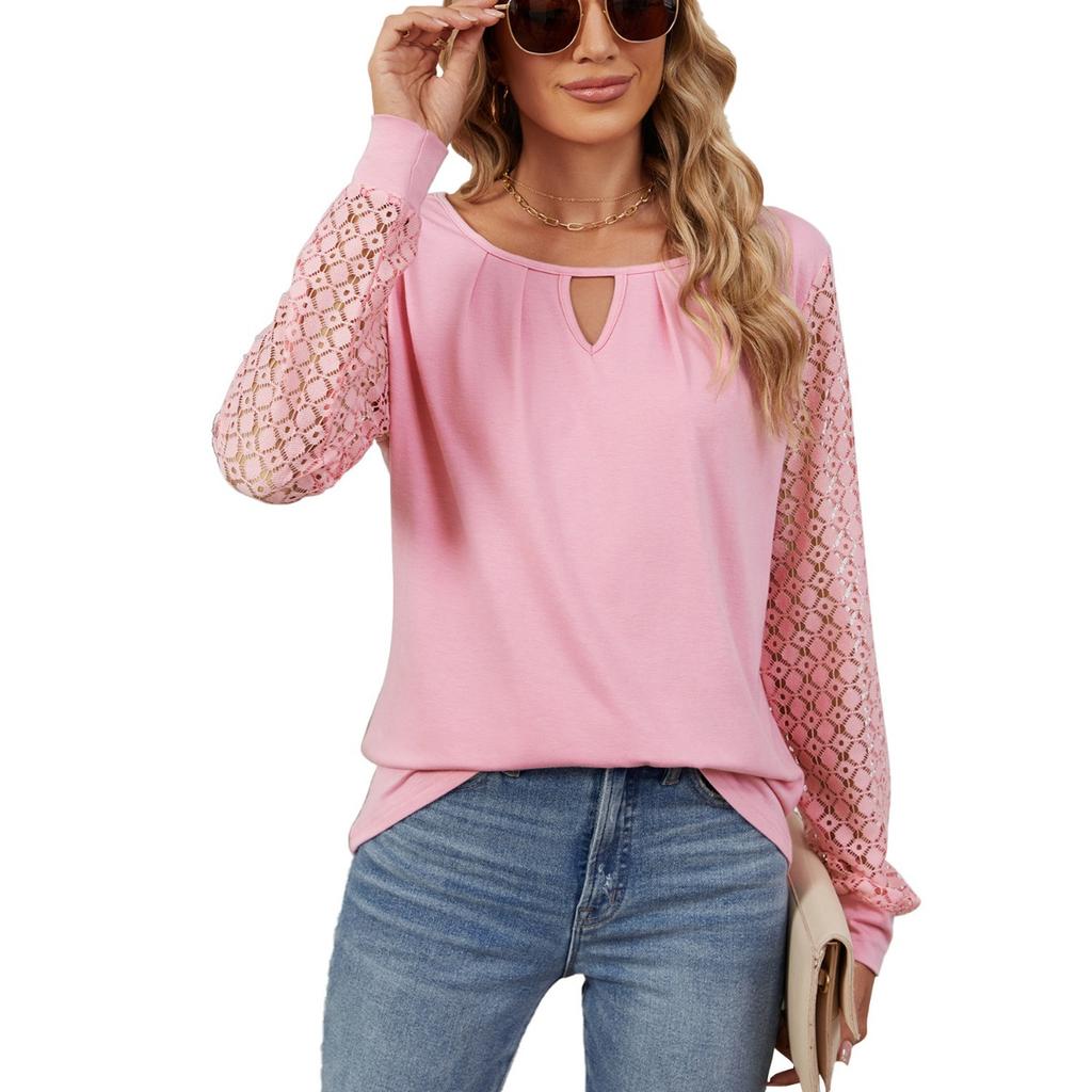 Fall Winter New Women's Solid Color Lace Splicing Loose Long Sleeve T-shirt Top For Cross-border Europe America