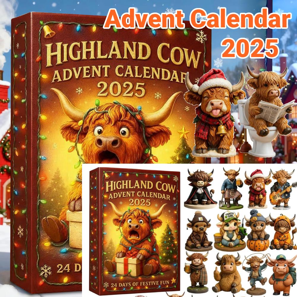 Highland Cow Advent Calendar 24 Days Christmas Countdown Calendar with 24 3D Cow Ornaments Christmas Xmas Countdown Calendar