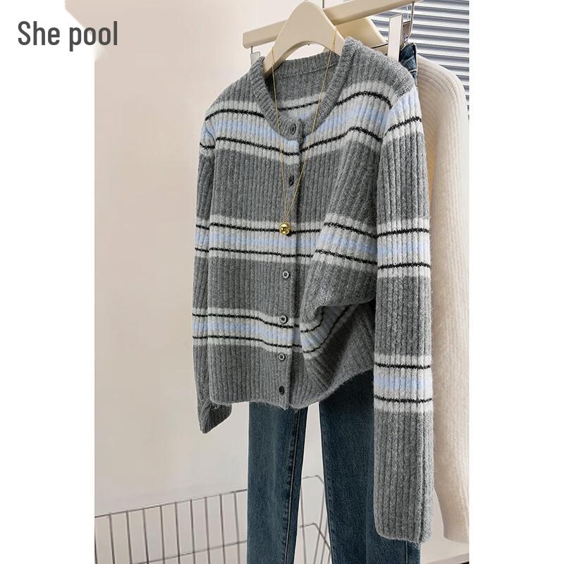 

Женский кардиган из смесовой шерсти в полоску с круглым вырезом L