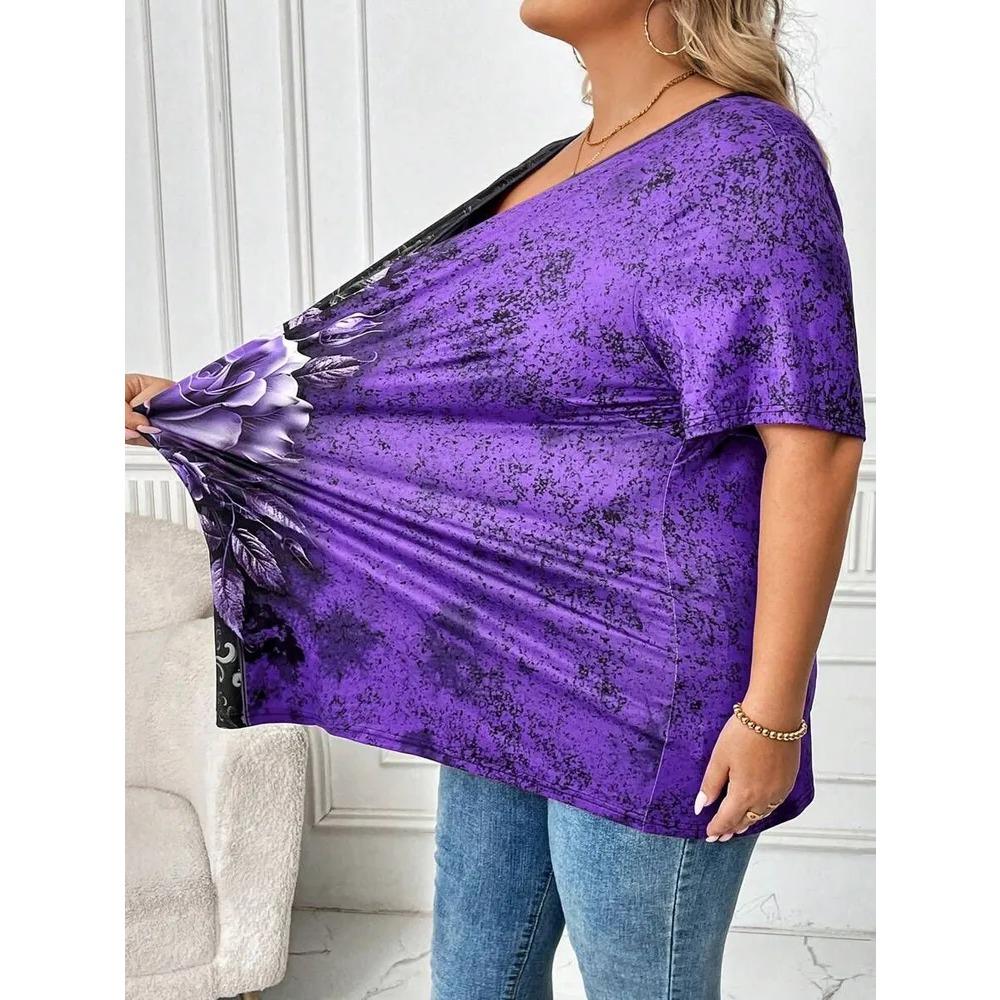 Summer V-neck Flower Pattern 3D Printed Top Fashionable Casual Short Sleeved Plus Size Women's T-shirts