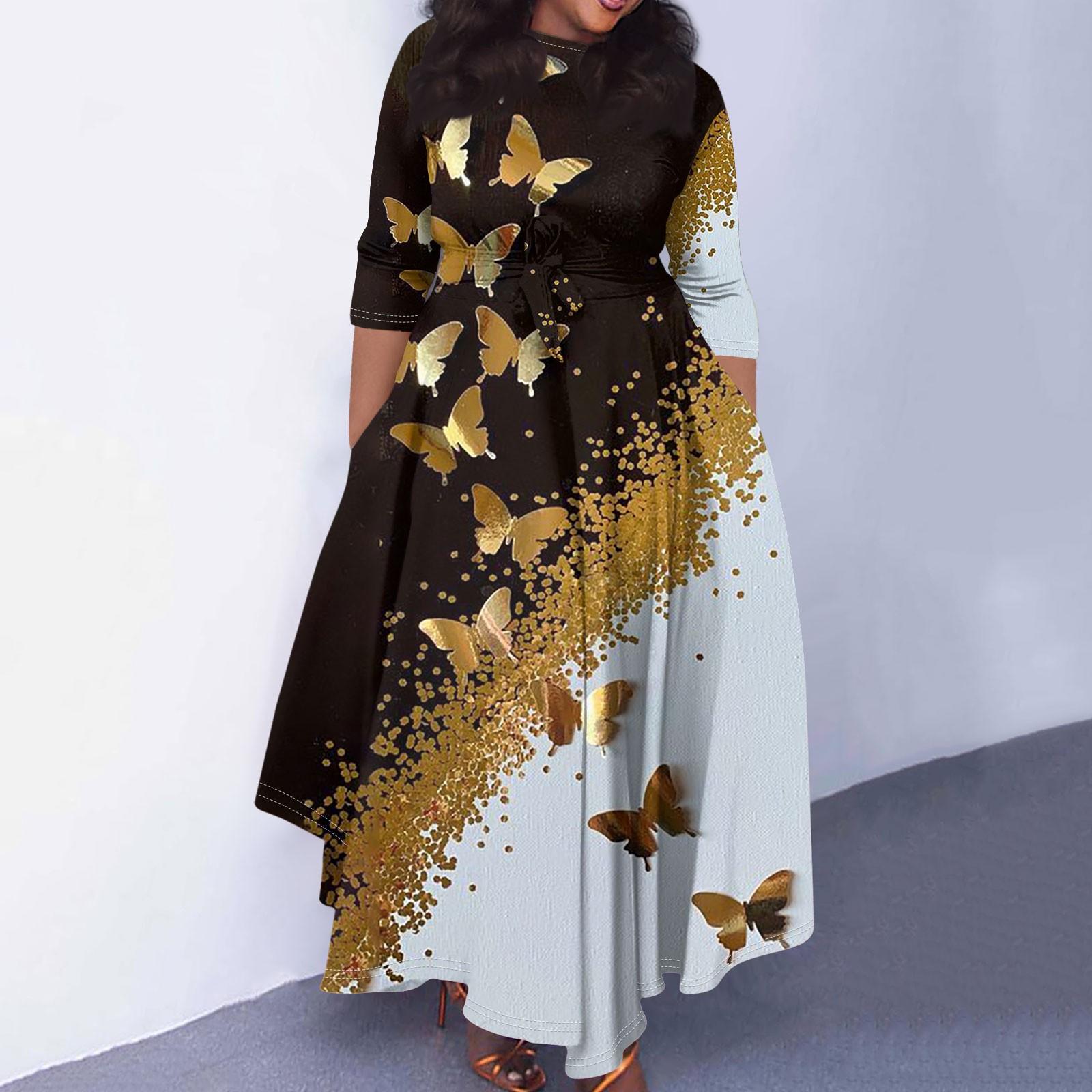 

Женское повседневное модное свободное платье большого размера с цветочным принтом и круглым вырезом, рукавами три четверти, карманами и бретелями XXXXXL золотой