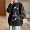 Erkek Bol Kesim Sweatshirt Hip Hop Tarzı Kedi Profil Baskılı O Yaka Bol Düz Renk Kalın Peluş Orta Boy Kazak Günlük Spor Sokak Giyim Üst