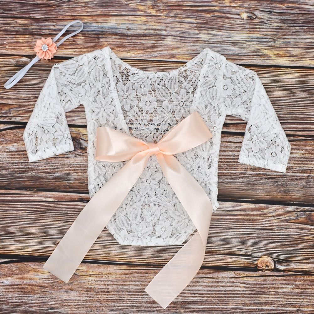 2Pcs/Set Bow Tie Design Newborn Lace Romper Hollow Back Newborn Photography Props Baby Photoshoot