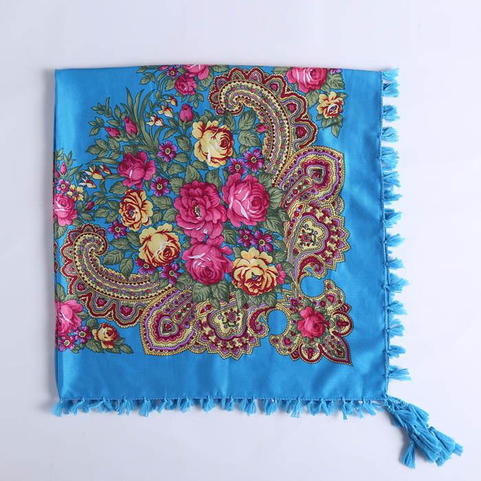 90*90CM Women Russian Style Peony Floral Printed Long Tassel Large Square Scarf Warm Wrap Traditional Ethnic Mexican Shawl