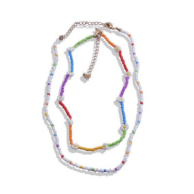 Hand-Woven Double-Layer Colored Rice Bead Flower Necklace Exaggerated Bohemian Beads Stacked Collarbone Chain