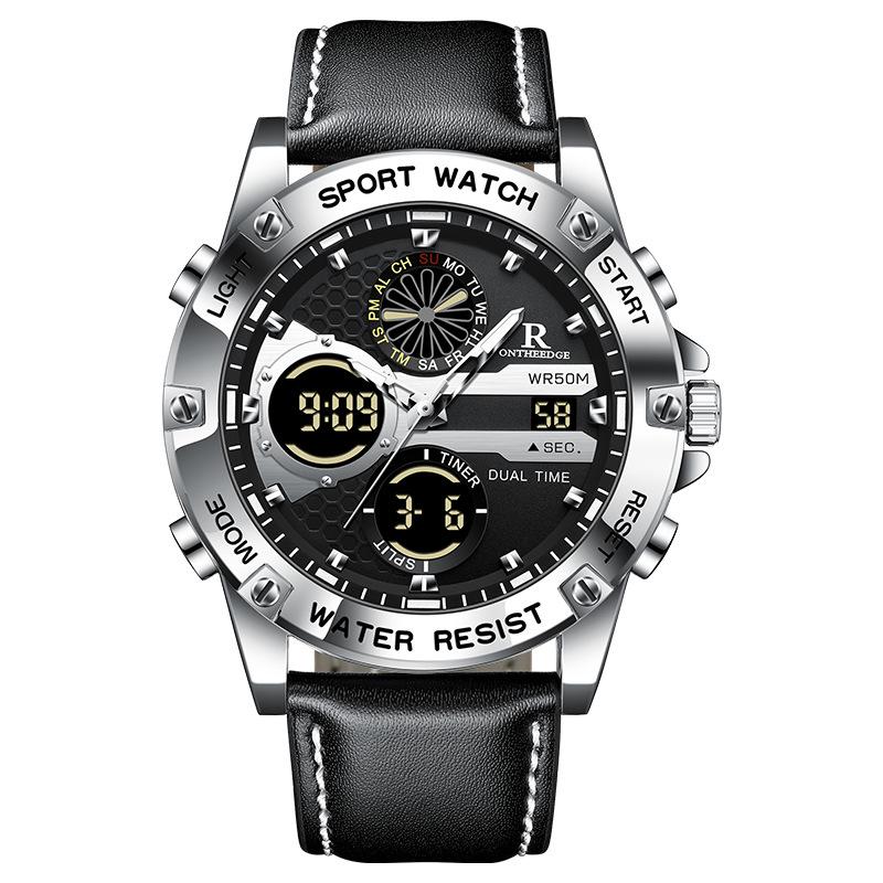 

Men s Waterproof Dual-Display Leather Quartz Watch - Trendy, Multifunctional, Round Dial, Electronic Student Edition
