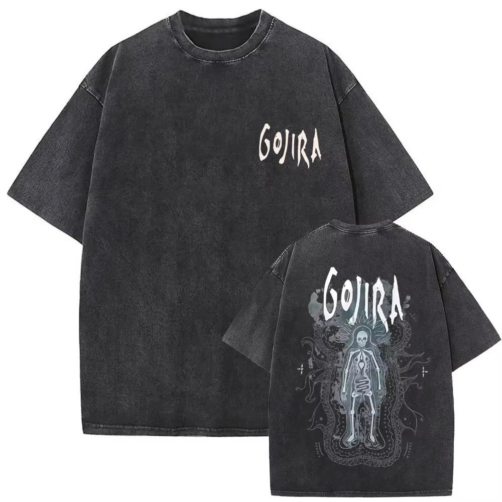 Gojira Drzewo Życia Vintage Acid Wash Dwustronny Graficzny Czarny T-shirt Oversize | Fan Zespołu Progressive Metal Streetwear Merch Koszulka
