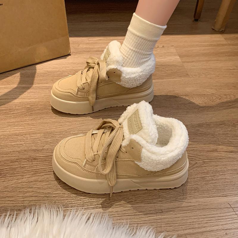 Platform Lace-Up Plush Cotton Shoes Women's Winter Outdoor Faux Fur Lined Thickened Anti-Slip Low Top Snow Boots Casual Sneakers