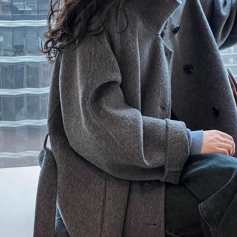 Women's 2024 Autumn/Winter Stand Collar Cashmere Coat - Mid-Length, Double-Sided, Waist-Cinched.
