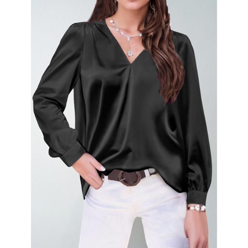 Plus Size Women's Pleated Long Sleeve V Neck Casual Loose Commuter Top