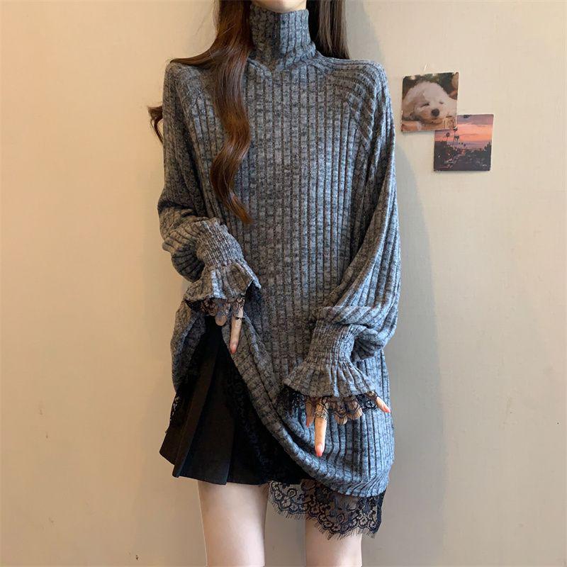 Women's Plus Size Retro Lace High-Neck Sequin Sweater - Autumn/Winter Hip-Length Base Layer