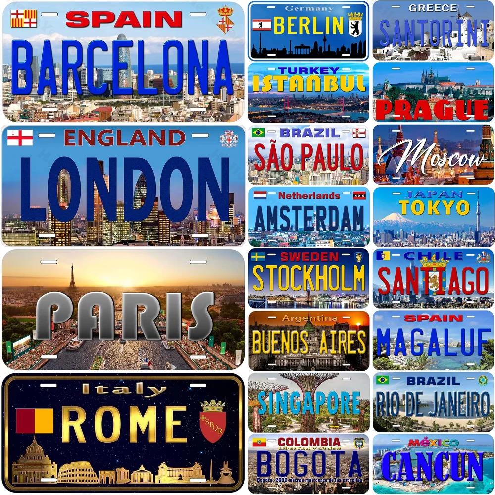 Vintage License Plates for Decoration Signs Barcelona Paris London Amsterdam Tags Metal Automotive Sign for Car Front Wall Decor