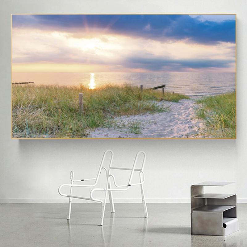 Modern Blue Sun Beach Grass Ocean Seascape Canvas Painting Landscape Posters and Prints Home Decor for Living Room Decoration