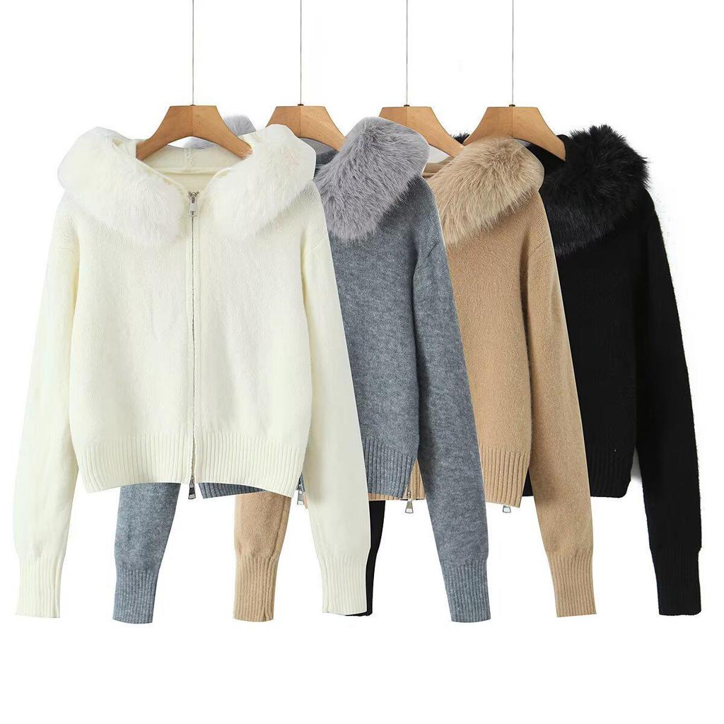 Women's Hooded Knit Cardigan with Fur Collar, Slim Fit, Short Loose Sweater for Autumn/Winter