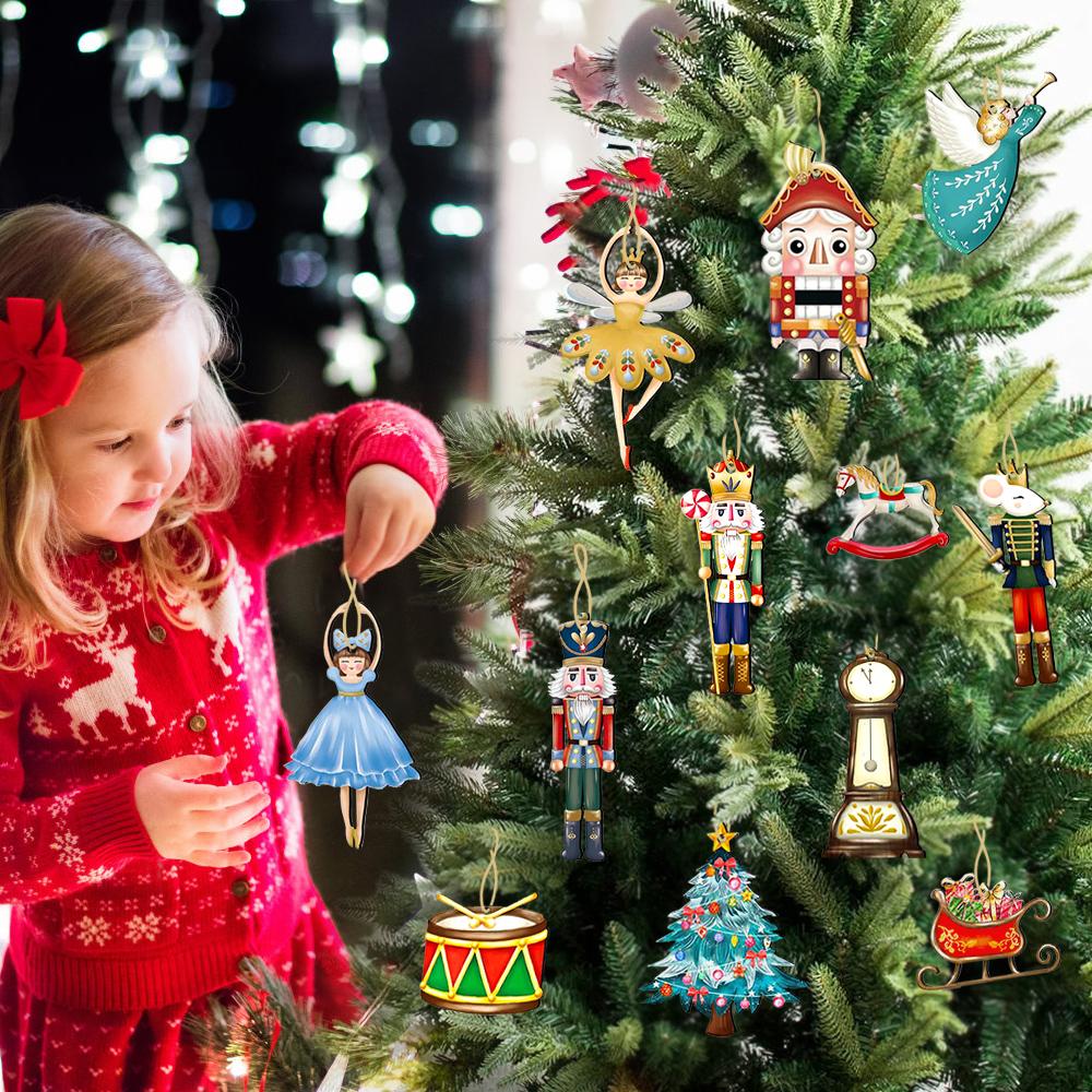12Pcs/set Nutcracker Puppet Christmas Tree Pendant Wooden Nutcracker Soldier Hanging Pendant Noel New Year Party Home Decoration