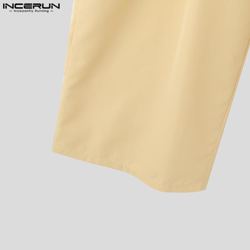 INCERUN Men High Waist Zipper Ruffled Pants Solid Casual Long Trousers Pockets