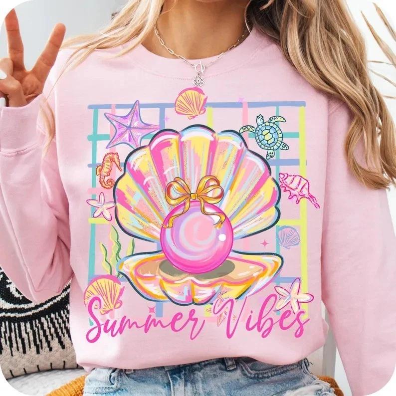 Pearl Seashell Bow Shirt Coquette Summer Graphic Tee Girly Beach Shirt 3XL