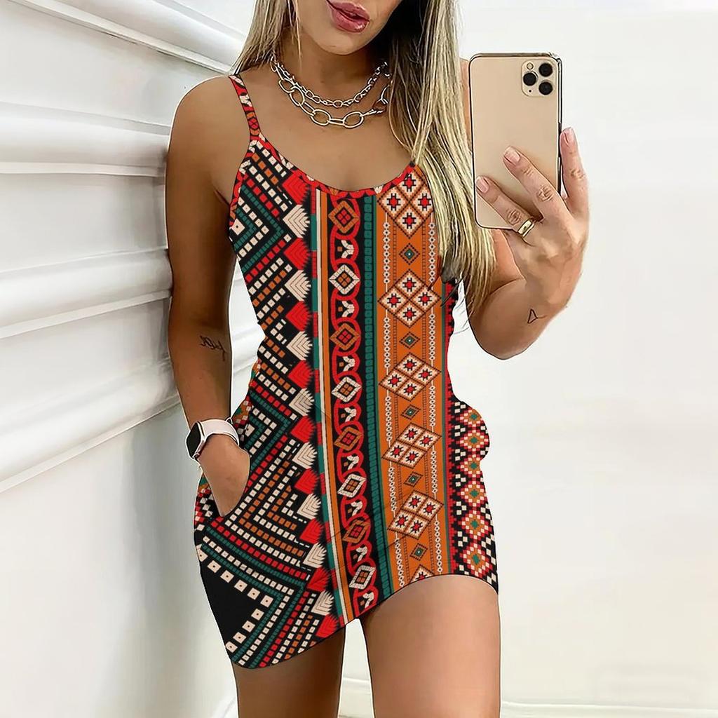 Summer New Retro Patterns  Print Sleeveless Bodycon Dress with Pockets Sexy Slim Fit Elegant Party Dress