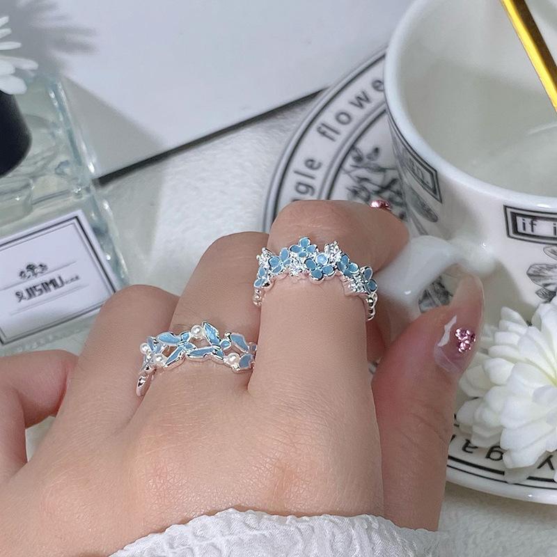 Spring And Summer Sea Blue Enamel Dripping Oil Flower Butterfly Opening Ring High Sense Personality Light Luxury Ring Women