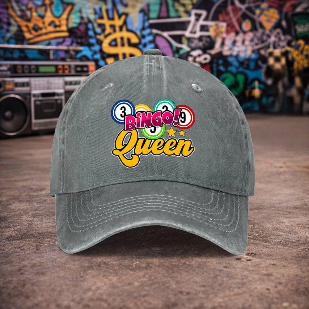 Unisex Bingo Queen Vintage Washed Baseball Cap Trendy Duckbill Hat for Unisex Women Fun Print Birthday Gift Multiple Colors