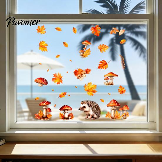 Maple Leaf Decorations 2PCS Autumn Hedgehog Static Window Clings, Fall Mushroom Glass Stickers, Decals No-Adhesive for Home Store Coffee Shop