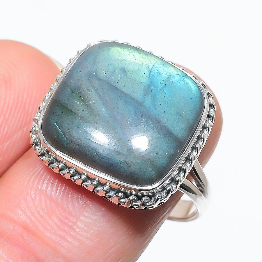 Natural Labradorite Gemstone 925 Solid Sterling Silver Jewelry Ring Size 9 P6h54