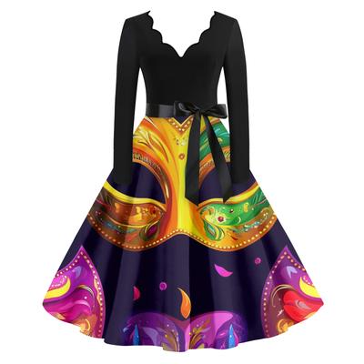Women's Casual Fashion V Neck Long Sleeve Printed Vintage Long Dress